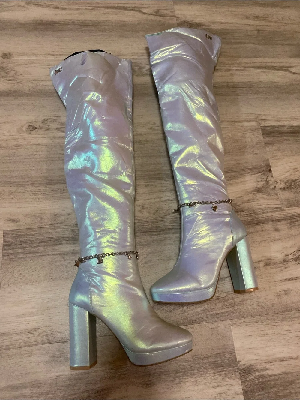 Sparkl Fairy Couture Iridescent Knee-High Platform Boots with Heart Chain- NWT